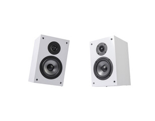 Fototapeta premium Pair of white bookshelf speakers with black drivers and a sleek modern design for audio playback