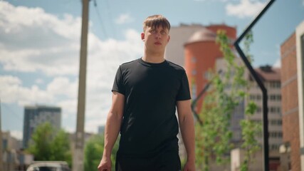 young urban professional, determined young startup founder walks toward business meeting outdoors, brighteyed young entrepreneur navigates bustling city sidewalks en route to important meeting