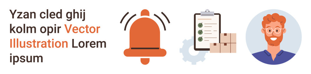 Notifications, task management, e-commerce, logistics, productivity, staffing. Red bell icon, clipboard with tasks and male avatar. Notifications and task management concept