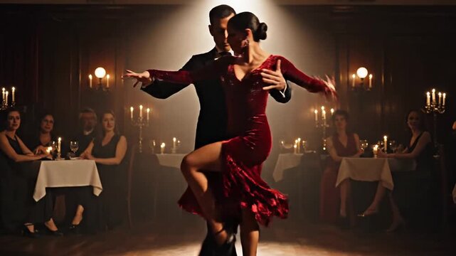 Elegant tango dancers in a dimly lit ballroom romantic dance performance concept