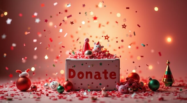 Box with a sign that says donate surrounded by christmas decorations