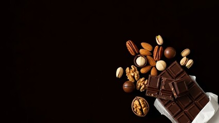 Dark chocolate bar with assorted nuts and candies falling out against a black background