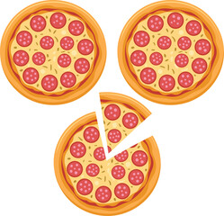 Set of three cartoon pepperoni pizzas with sliced pieces showing cheese toppings crust details perfect for food design menus and restaurant graphics