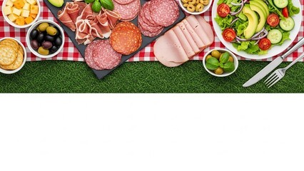 Delicious charcuterie board and salad spread on a picnic blanket