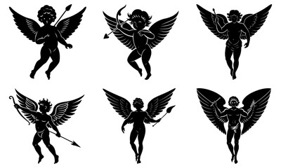 Set of Cupid Angel Silhouettes with Bows and Arrows