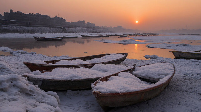 Boats parked on the banks of Yamuna river covered in toxic foam.	