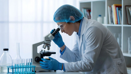 Focused scientist using microscope for innovative research in modern laboratory for medical breakthrough