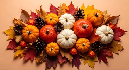 Autumnal display of pumpkins, pine cones, and leaves on a beige background