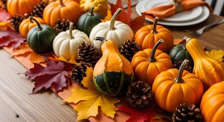 Fall table decor featuring pumpkins gourds pinecones and colorful autumn leaves