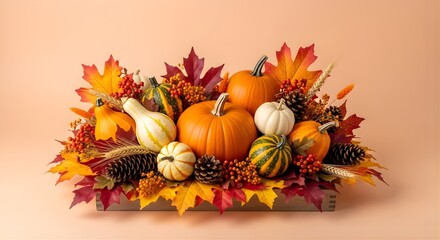 Autumn arrangement with pumpkins gourds leaves and pine cones on light background