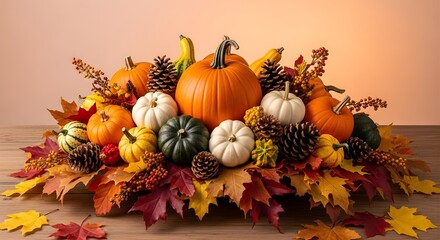 Fall centerpiece with pumpkins gourds leaves and pine cones on wood table