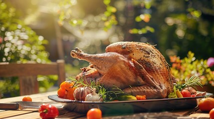 Sunlit Outdoor Roasted Turkey with Fresh Herbs, Garlic and Vegetables