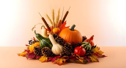 Autumnal arrangement of pumpkins gourds leaves and pine cones on light surface