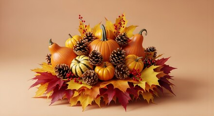 Fall arrangement with pumpkins, pine cones, leaves, and red berries on beige