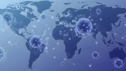 Global pandemic visualization coronavirus spread across the world map in blue tones