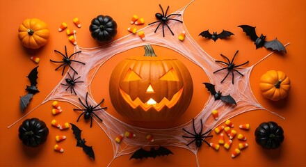 Halloween flat lay with pumpkin, spiders, bats, and candy on orange background