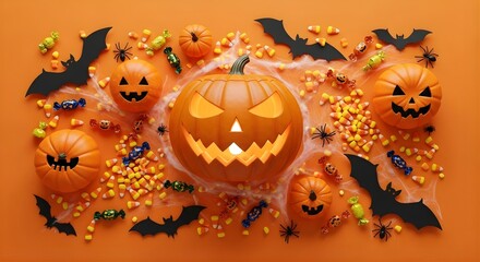 Halloween pumpkins bats and candy corn on an orange background flat lay view