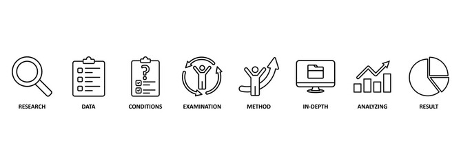 Case study banner web icon vector illustration concept with icon of research, data, conditions, examination, method, in-depth, analyzing, and result 