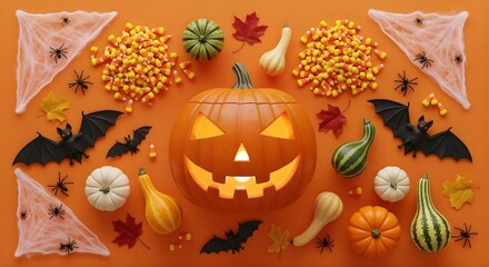Halloween arrangement with pumpkin, bats, candy corn and gourds on orange