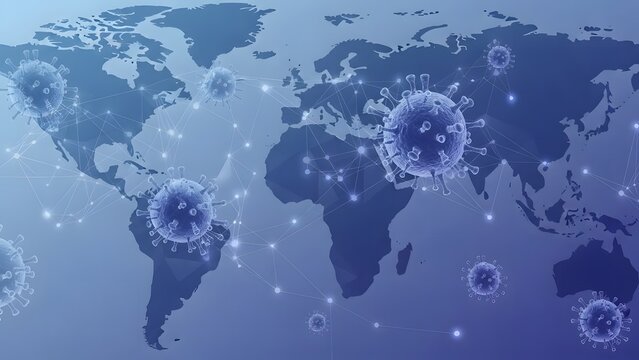 Global pandemic visualization coronavirus spread across the world map in blue tones - Powered by Adobe
