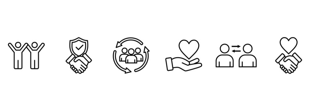 Outline symbols and signs of relationships such as friendship, partnership, Mutual understanding and togetherness editable vector thin line icon collection on white background 