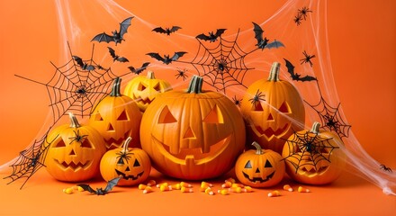 Halloween scene with pumpkins, bats, spiders, and candy corn on orange background