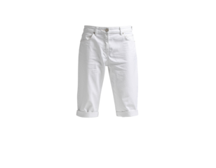 A pair of white denim shorts with a classic five-pocket design and rolled-up cuffs for casual wear