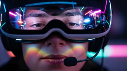 Young individual deeply immersed in a futuristic virtual reality world, exploring dynamic digital landscapes reflected in their advanced gaming headset