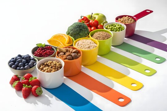 Colorful measuring cups filled with healthy ingredients composition