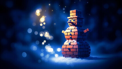 Brick snowman standing on snow with festive bokeh lights and sparkling stars in a dark winter night. Christmas season decoration concept.