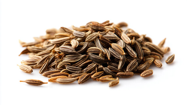 A generous mound of cumin seeds rests on a clean white surface, showcasing rich brown color and ridged texture. Ideal for culinary catalogs, recipes, spice styling, and food photography