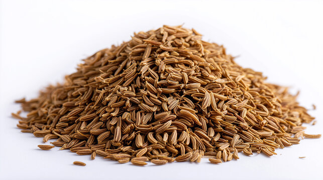 A generous mound of cumin seeds rests on a clean white surface, showcasing rich brown color and ridged texture. Ideal for culinary catalogs, recipes, spice styling, and food photography
