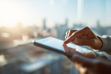Person using a tablet device. Digital interactions and activities. Man holding a pad. Remote learning, social distance working, ordering buying online, reading e book. Close-Up view, Modern Technology