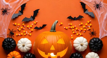 Halloween pumpkin with bats spiders and candy corn on an orange background