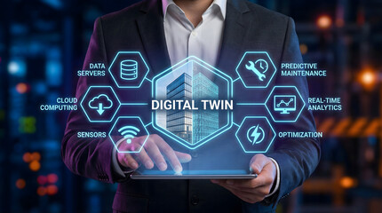 Professional businessman using digital twin technology on tablet for predictive maintenance and real time analytics in modern city, empowering innovation and optimization