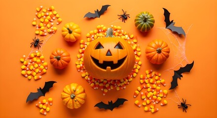 Halloween arrangement with pumpkin, candy corn, bats and spiders on orange background