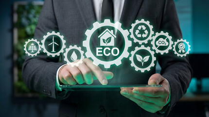Visionary businessman leverages technology for sustainable solutions showing eco-friendly energy savings and carbon neutrality, representing the future of green business practices