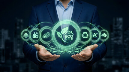 Modern businessman presenting eco-friendly building solutions with renewable energy, water conservation, and recycling for sustainable development and a brighter future