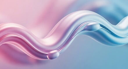 Flowing metallic ribbon with liquid drops in pink and blue hues abstract background