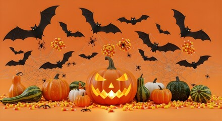 Halloween display with pumpkins bats spiders and candy corn on orange backdrop