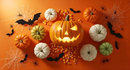 Halloween arrangement with pumpkins, bats, webs, and candy corn on orange back
