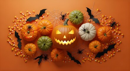 Halloween arrangement with pumpkins, bats, spiders, and candy corn on orange