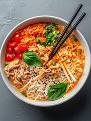 A top-down shot of a bowl of ramen with chopsticks, featuring various ingredients like noodles, vegetables, and meat, all arranged in a visually appealing way.