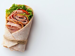 A close-up shot of a wrap filled with meat, lettuce, and tomato, tied with twine, on a white background.