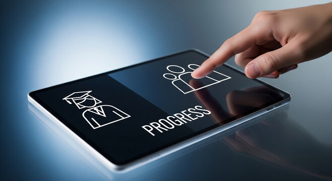 Finger touching screen showing education and progress icons, symbolizing career advancement and learning journey.