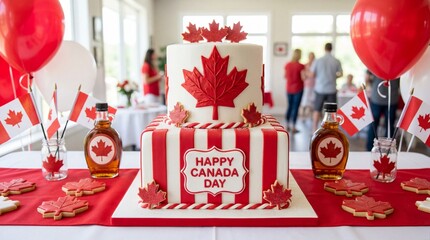 Festive canadian flag cake as the centerpiece of a canada day celebration with red and white decorations and guests in the background