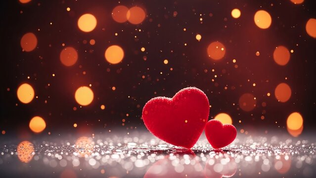 Two vibrant red hearts on a sparkling surface, beautifully framed by a warm, blurred bokeh light background, symbolizing deep love, passion, and romantic celebrations
