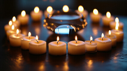 Circle of glowing candles surrounding a crystal ball creating a mystical and enchanting atmosphere for divination and magic rituals Worldwide Candle Lighting