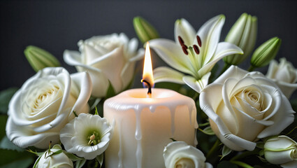 A lit white candle surrounded by a bouquet of white roses and lilies creating a solemn and peaceful atmosphere for remembrance Worldwide Candle Lighting