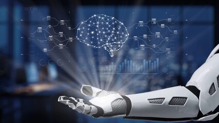 A futuristic robot hand presents a digital brain concept, symbolizing the intersection of technology and innovation. Visualize the future of artificial intelligence. Synapse